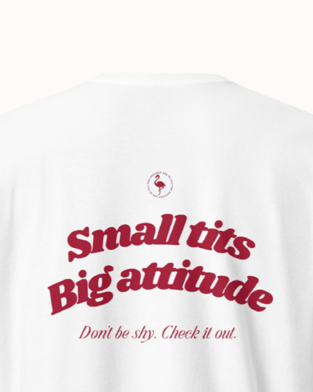 Back view of a White t-shirt featuring the phrase "Small tits. Big attitude" on the back. Perfect for fans of funny merchandise, bold humor, and witty sarcasm.