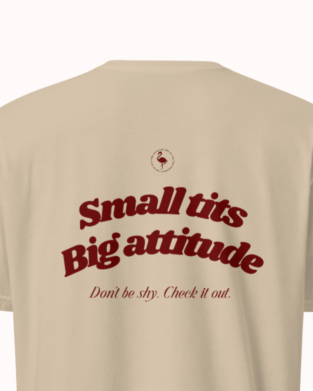 Back view of a Sand t-shirt featuring the phrase "Small tits. Big attitude" on the back. Perfect for fans of funny merchandise, bold humor, and witty sarcasm.