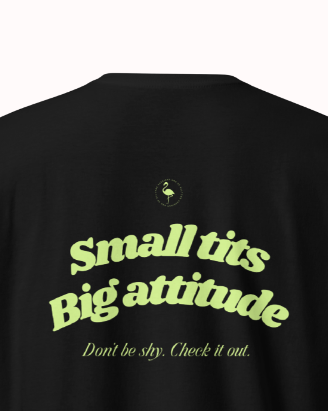 Back view of a Black t-shirt featuring the phrase "Small tits. Big attitude" on the back. Perfect for fans of funny merchandise, bold humor, and witty sarcasm.