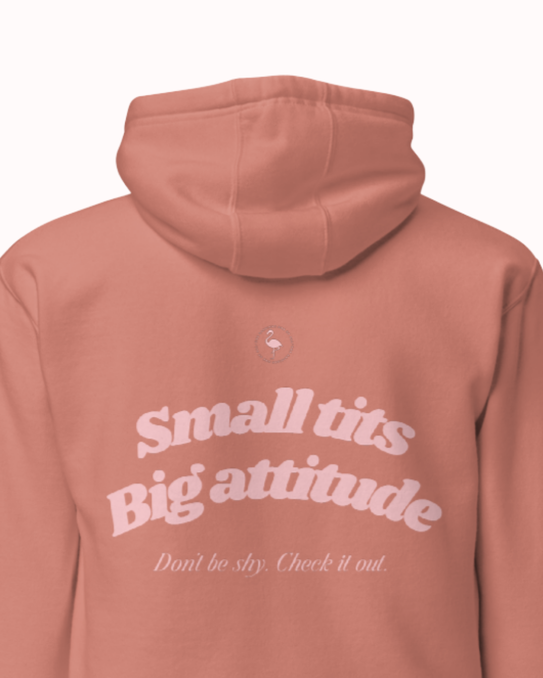Back view of a Dusty Rose hoodie featuring the phrase "Small tits. Big attitude" on the back. Perfect for fans of funny merchandise, bold humor, and witty sarcasm.