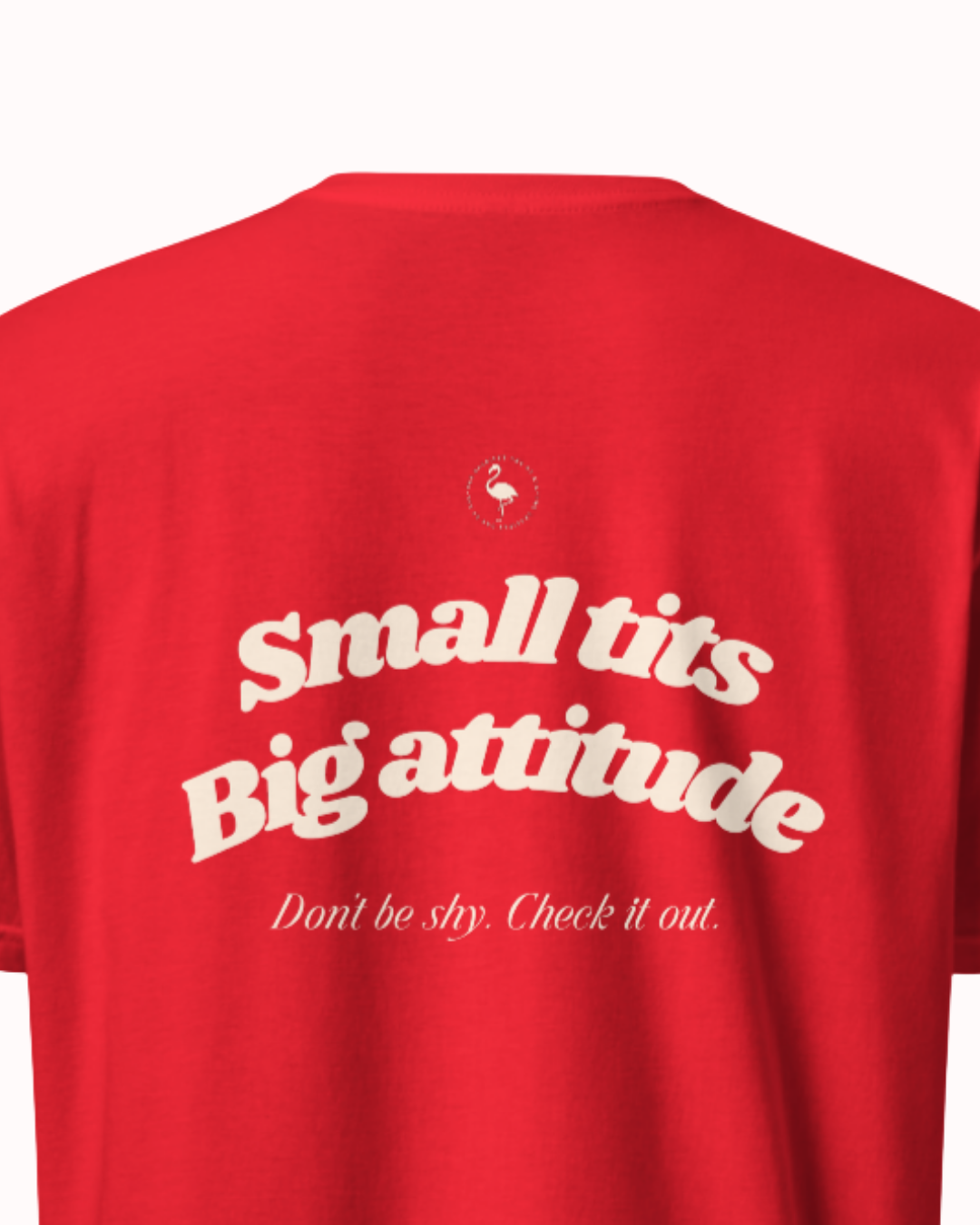 Back view of a Red t-shirt featuring the phrase "Small tits. Big attitude" on the back. Perfect for fans of funny merchandise, bold humor, and witty sarcasm.