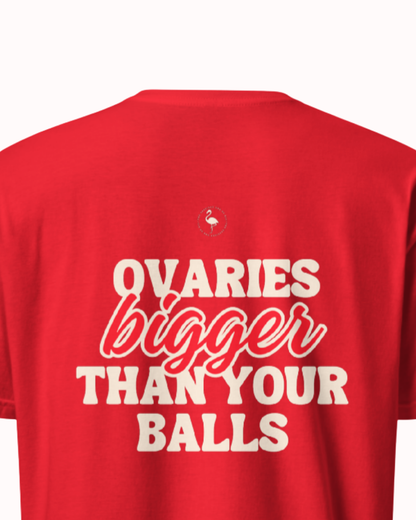 Back view of a Red t-shirt featuring the phrase "Ovaries bigger than your balls" on the back. Perfect for fans of funny merchandise, bold humor, and witty sarcasm.
