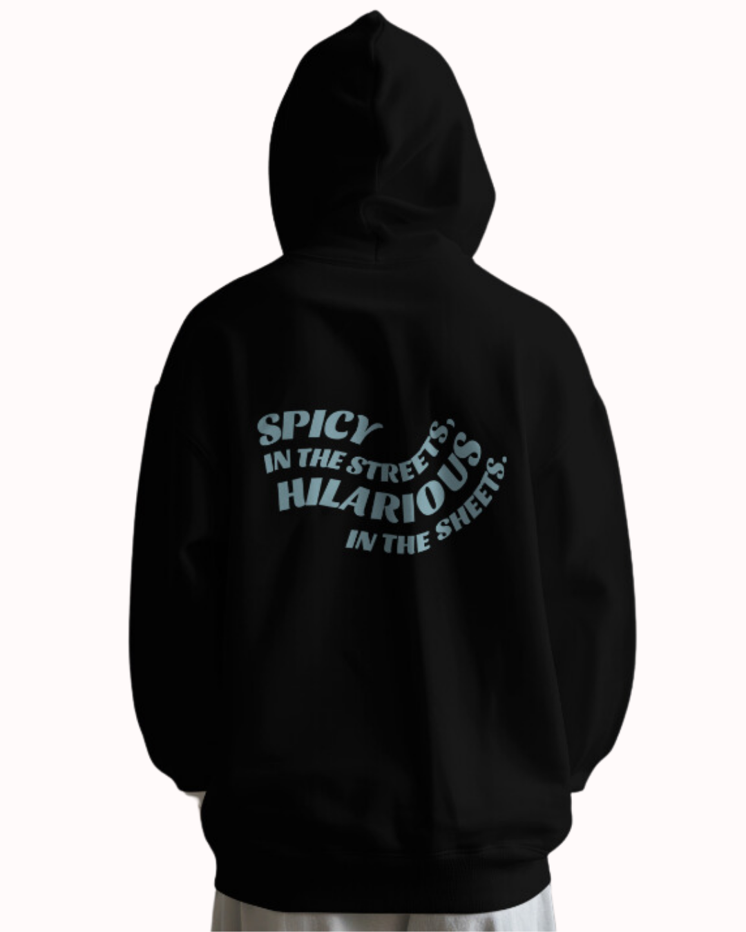 Back view of a black hoodie featuring the phrase 'Spicy in the streets, Hilarious in the sheets' on the back. Perfect for fans of funny merchandise, bold humor, and witty sarcasm.