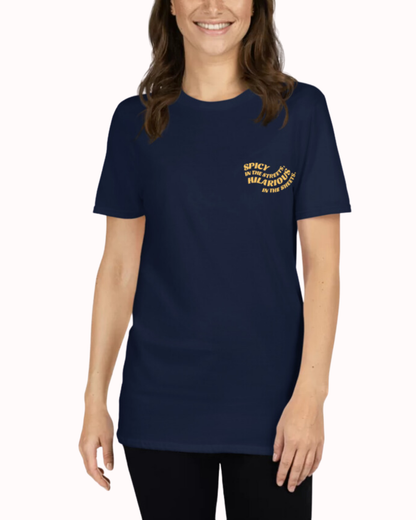 Front view of a navy T-Shirt worn by a smiling woman, featuring the phrase 'Spicy in the streets, Hilarious in the sheets' on the chest and back. Perfect for fans of funny merchandise, bold humor, and witty sarcasm.