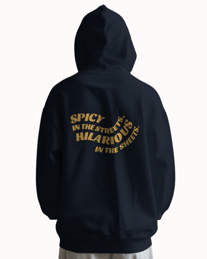 Back view of a navy blazer hoodie featuring the phrase 'Spicy in the streets, Hilarious in the sheets' on the back. Perfect for fans of funny merchandise, bold humor, and witty sarcasm.