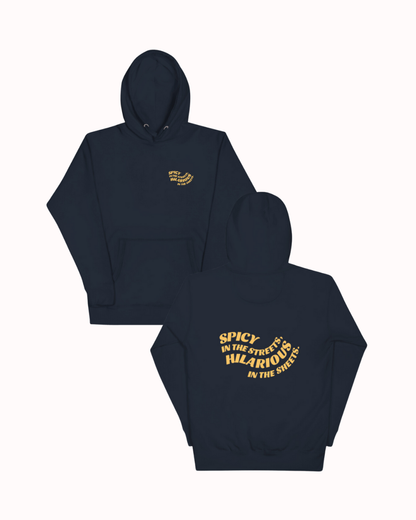 Front and back view of a navy blazer hoodie featuring the phrase 'Spicy in the streets, Hilarious in the sheets' on the back. Perfect for fans of funny merchandise, bold humor, and witty sarcasm.