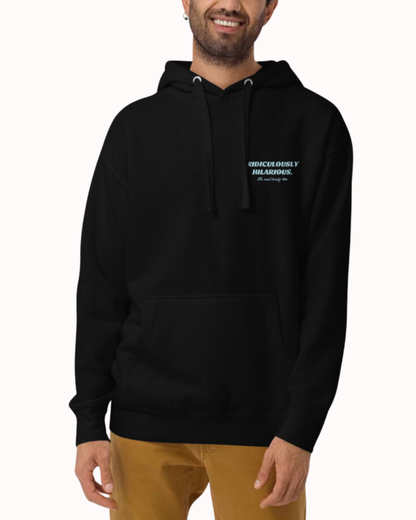 Front view of a black hoodie worn by a smiling man, featuring the phrase 'Ridiculously hilarious. Oh, and kinky too' on the chest and back. Perfect for fans of funny merchandise, bold humor, and witty sarcasm.