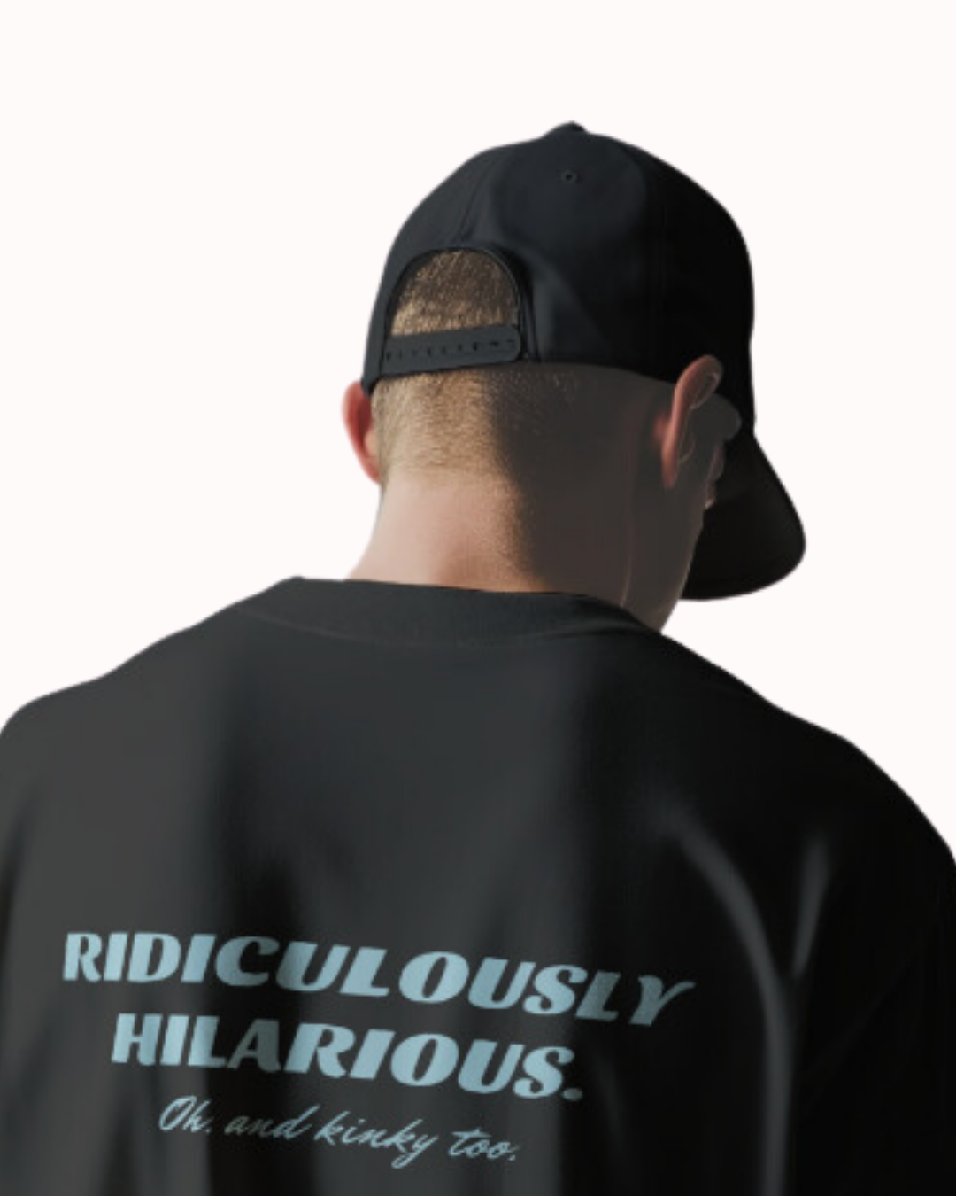 Back view of a black T-Shirt featuring the phrase 'Ridiculously hilarious. Oh, and kinky too' on the back. Perfect for fans of funny merchandise, bold humor, and witty sarcasm.