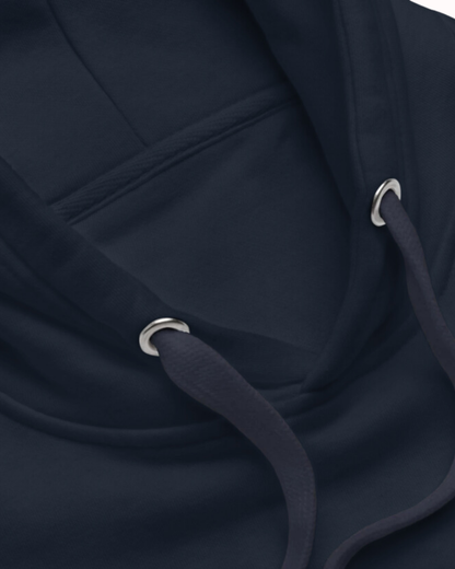 Close-up of a navy blazer hoodie showcasing its drawstrings and sturdy stitching, emphasizing the high-quality design. Perfect for fans of funny merchandise, bold humor, and witty sarcasm.