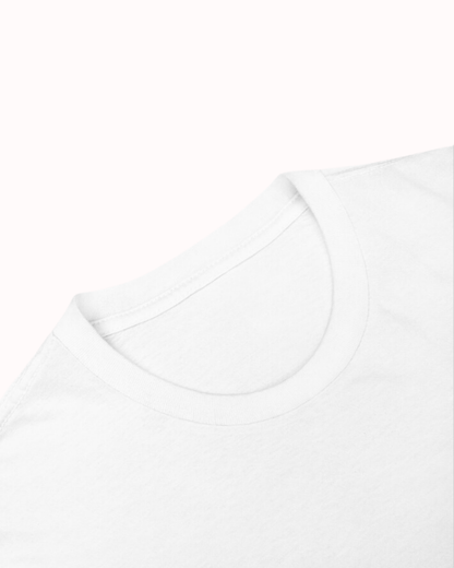 Close-up of a white neck T-Shirt showcasing its clean neckline and a visible seam, emphasizing the high-quality fabric. Perfect for fans of funny merchandise, bold humor, and witty sarcasm.