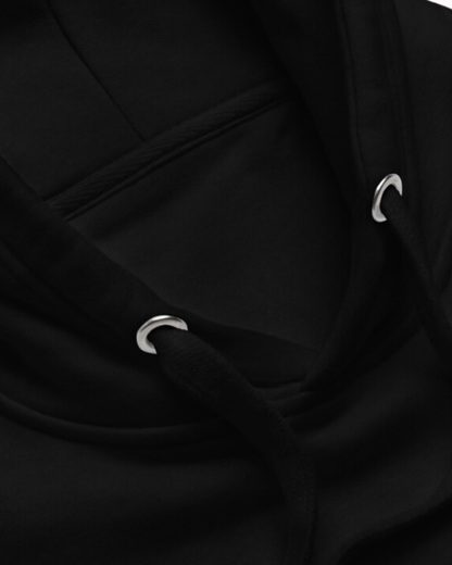 Close-up of a Black hoodie showcasing its drawstrings and sturdy stitching, emphasizing the high-quality design. Perfect for fans of funny merchandise, bold humor, and witty sarcasm.
