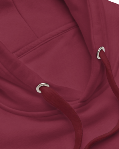 Close-up of a Maroon hoodie showcasing its drawstrings and sturdy stitching, emphasizing the high-quality design. Perfect for fans of funny merchandise, bold humor, and witty sarcasm.
