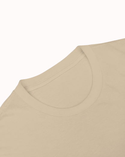 Close-up of a Sand t-shirt showcasing its clean neckline and a visible seam, emphasizing the high-quality fabric. Perfect for fans of funny merchandise, bold humor, and witty sarcasm.