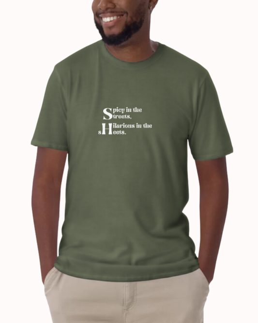 Military green
Front view of a military green T-Shirt worn by a smiling man, featuring the phrase 'Spicy in the streets, Hilarious in the sheets' on the chest. Perfect for fans of funny merchandise, bold humor, and witty sarcasm. 
