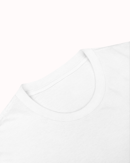 Close-up of a White t-shirt showcasing its clean neckline and a visible seam, emphasizing the high-quality fabric. Perfect for fans of funny merchandise, bold humor, and witty sarcasm.