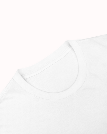 Close-up of a White t-shirt showcasing its clean neckline and a visible seam, emphasizing the high-quality fabric. Perfect for fans of funny merchandise, bold humor, and witty sarcasm.
