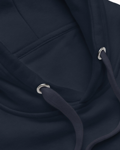 Close-up of a navy blazer hoodie showcasing its drawstrings and sturdy stitching, emphasizing the high-quality design. Perfect for fans of funny merchandise, bold humor, and witty sarcasm.
