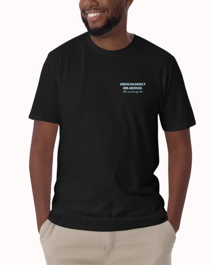 Front view of a black T-Shirt worn by a smiling man, featuring the phrase 'Ridiculously hilarious. Oh, and kinky too' on the chest and back. Perfect for fans of funny merchandise, bold humor, and witty sarcasm. 